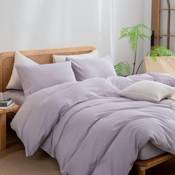 BESTOUCH Duvet Cover Set 100% Washed Cotton Linen Feel Super Soft Comfortable Chic Lightweight 3 PCs Home Bedding Set Solid Taro Purple Oversized Full