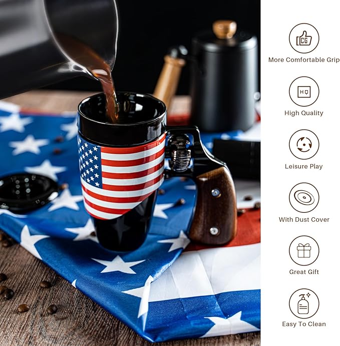 Novelty Coffee Mugs for Men, Ceramic Funny Gun Cup, Revolver Mugs, Birthday Gifts for Father, Black Cool Unique Coffee Mug for Men, Fathers Day Dad Gifts(16 oz Black Flag)