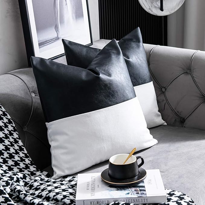 DEZENE Faux Leather with 100% Cotton Decorative Throw Pillow Covers for Couch Bed Sofa, Set of 2 18 x 18 inch Modern Home Decor Accent Square Bedroom Living Room Cushion Cases Cognac, Black and White