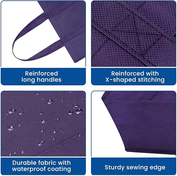 WISELIFE Reusable Grocery Shopping Bags 10 Pack Large Foldable Tote Bags Bulk, Eco Produce Bags with Long Handle for Shopping Groceries Clothes (Purple)