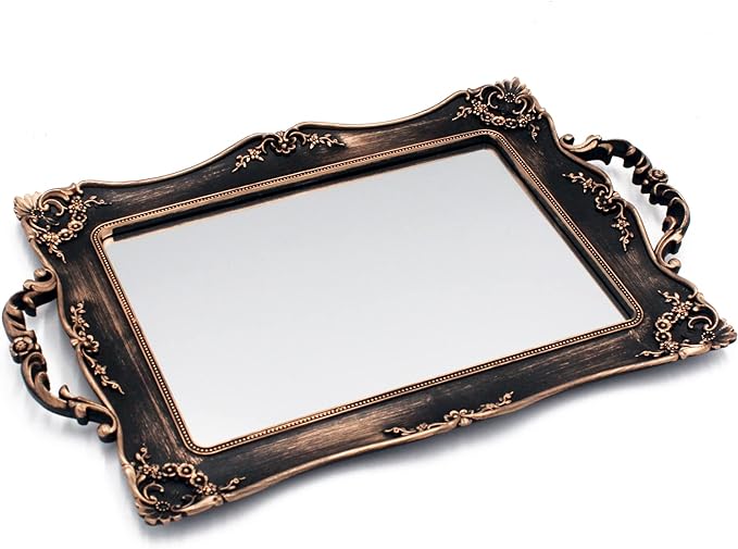 Antique Decorative Gold Framed Square Mirror Tray, Jewelry & Cosmetics Organizer for Dresser, Square - 9.5" W x 14.5" L (Bronze)