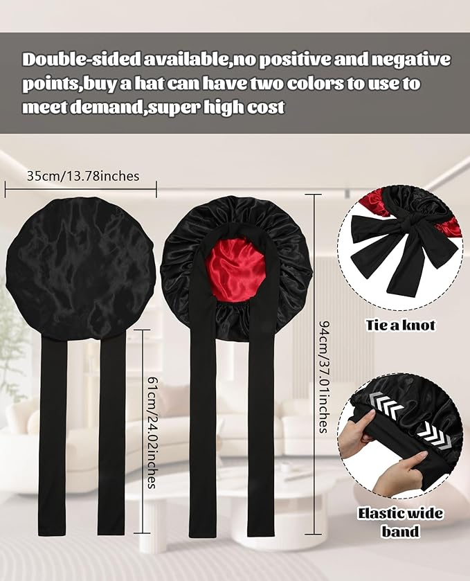 Satin Bonnet Silk Bonnet for Sleeping Silk Sleep Cap Double Layer Hair Bonnet with Elastic Tie Band for Curly Hair Night Cap (Black+Red)