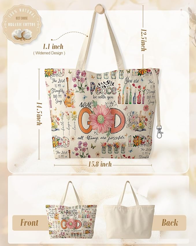 Large Tote Bag for Women - Aesthetic Cute Big Canvas Bags with Zipper Cotton Shoulder Bag for Gym, Travel, Work