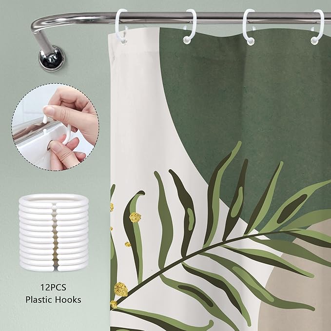 Small Stall Green Boho Shower Curtain 54Wx78H Rv Modern Bohemian Abstract Sage Green Gold Leaves Plant Minimalist Narrow Half Bathroom Decor Geometric Bath Curtain Fabric Polyester 12 Pack Hook