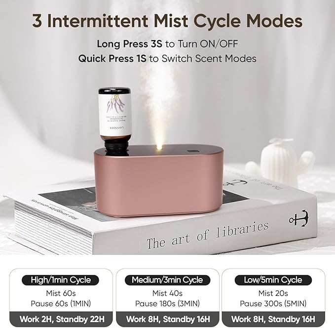 Waterless Diffuser for Essential Oil, Battery Operated Scent Air Aromatherapy Diffuser, Mini Aroma Diffusers with 3 Intermittent Mist Modes, Cycle Start for Home Office Bedroom - Rose Gold