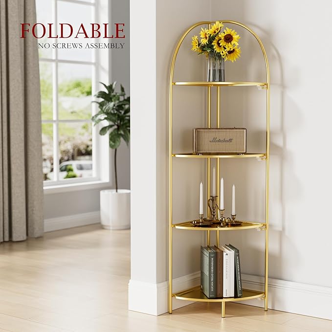 Crofy Foldable 4 Tier Corner Shelf, Metal Corner Plant Stand with Gold Frame and Gold Shelves, Corner Display Rack Multipurpose Shelving Unit for Living Room, Bedroom, Bathroom