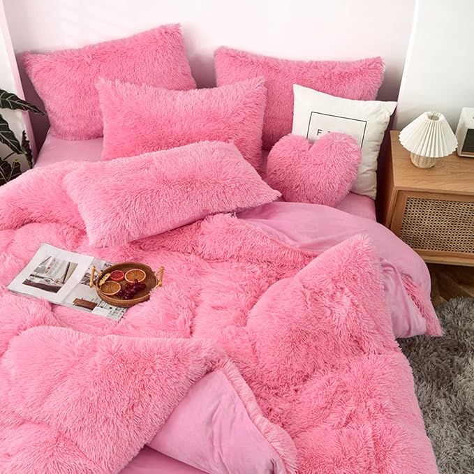 MorroMorn 5 PCS Shaggy Duvet Cover Bedding Set - Long Faux Fur Luxury Ultra Soft (Pink, King/California King)
