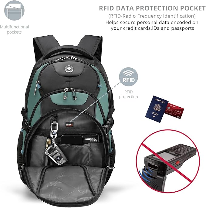 Swissdigital Design Laptop Backpack with USB Charging Port, Travel Backpack Fits 15.6 inches Computer, 31L College School Backpack for Men, Lake Green/Black | SD803