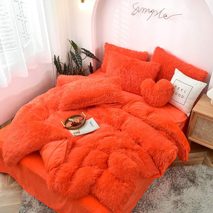 MorroMorn 5 PCS Shaggy Duvet Cover Bedding Set - Fluffy Comforter Cover Long Faux Fur Luxury Ultra Soft Cozy (Orange, King/California King)