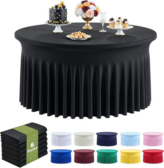 Outpain 6 Pack Black Round Spandex Tablecloth for 60 Inch/5FT Tables - Stretchy Table Cloth with Skirt, Wrinkle-Free Fitted Cloth for Wedding Vendor, Banquet & Graduation Decor (120" Round)