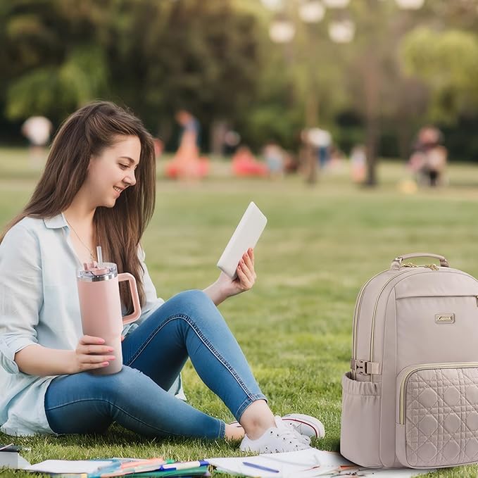 LOVEVOOK Laptop Backpack for Women with Pouch Pocket for Large Capacity Cup,17 Inch Teacher Nurse College Work Backpack Purse,Waterproof Laptop Bag Computer Back Pack for Travel, Nude+Wicker pattern