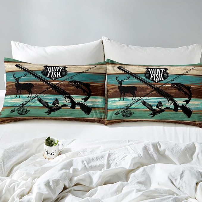 Castle Fairy Wild Animal Hunting Queen Duvet Cover for Kids Boys,Hunt Fish Themed Retro Bedding Set with 2 Pillowcases Comforter Cover,Farmhouse Rustic Wooden Board Bed Spread Quilt Cover 3pcs,Modern