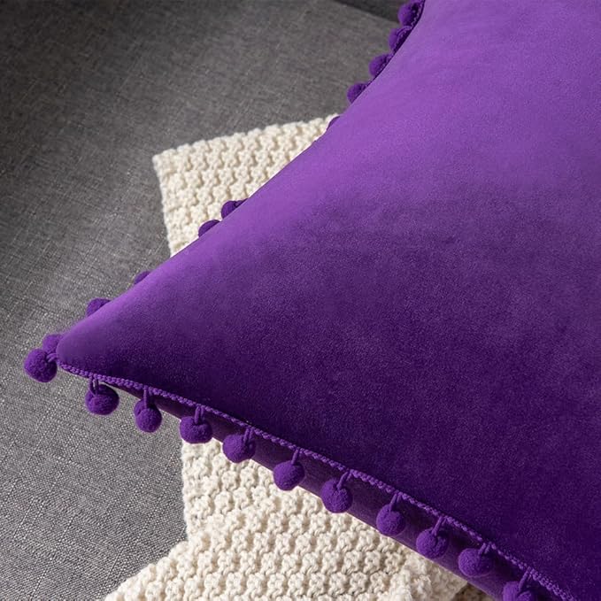 DEZENE 22x22 Throw Pillow Cases Purple: 2 Pack Cozy Soft Pom-poms Velvet Square Decorative Pillow Covers for Farmhouse Home Decor