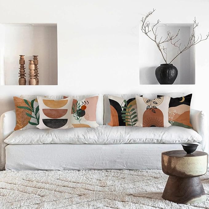 Boho Mid Century Modern Throw Pillow Covers Set of 6, Sun Moon Arch Leaves Abstract Home Decor Farmhouse Decorative Cushion Covers 18"X18"