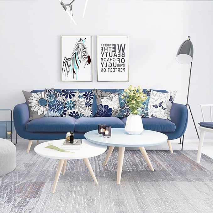 COMMINY Blue Grey Pillow Covers 20x20 Set of 6 Decorative Daisy Flower Throw Pillow Cover for Couch Modern Farmhouse Cushion Cover for Living Room Bed Patio Home Decor