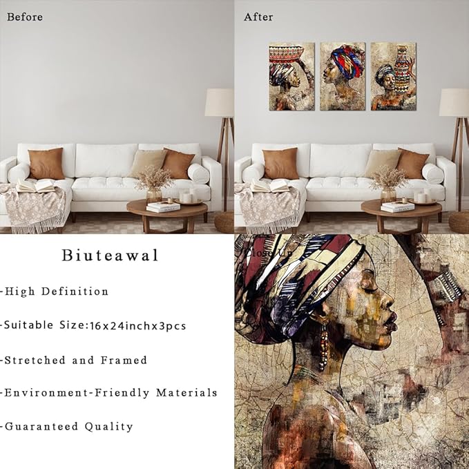 Biuteawal 3 Pieces African American Wall Art Tribal Black Girl Ethnic Style Picture Vintage Brown Artwork Abstract Painting for Bedroom Home Decor Stretched and Framed Ready to Hang