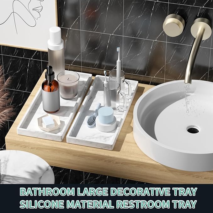 BBK Bathroom Vanity Tray 11.8 in- 2 Pack(Large) Silicone Bathroom Tray for Counter, Perfume Key Trinket Ring Tray, Decor Soap Dispenser Countertop Tray for Kitchen Sink Organization(Faux Marble Look)