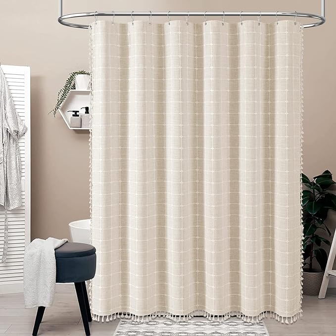 BTTN Stall Shower Curtain - 60x84 Long Boho Farmhouse Linen Weighted Fabric Shower Curtain Set with 10 Plastic Hooks, Narrow Bohemian Country Decorative Shower Curtains for Bathroom - Cream/Beige