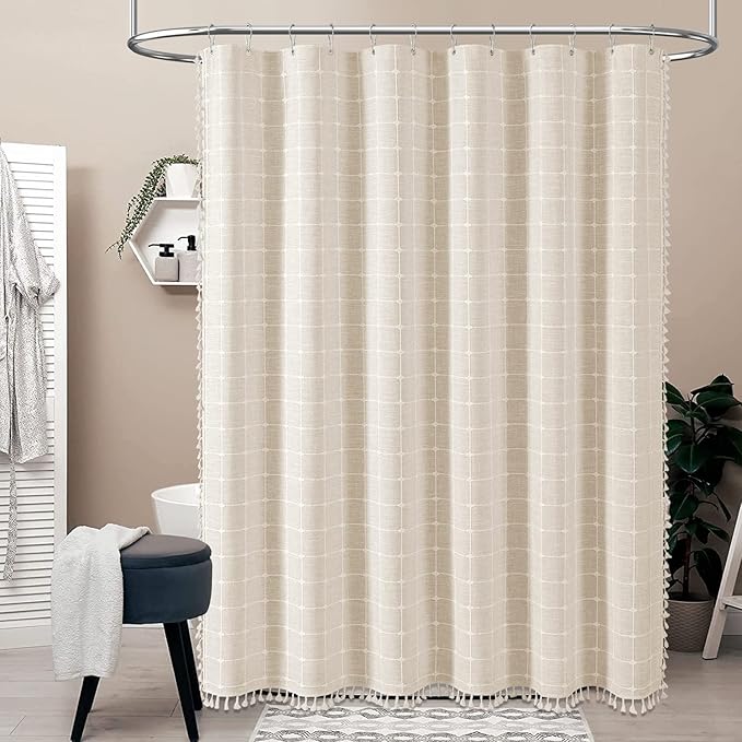 BTTN Extra Wide Shower Curtain - 108x72 Inch Boho Farmhouse Fabric Heavy Duty Shower Curtain Set with 18 Hooks, Large Linen Neutral Cloth Shower Curtains for Bathroom and Clawfoot Tub, Cream/Beige