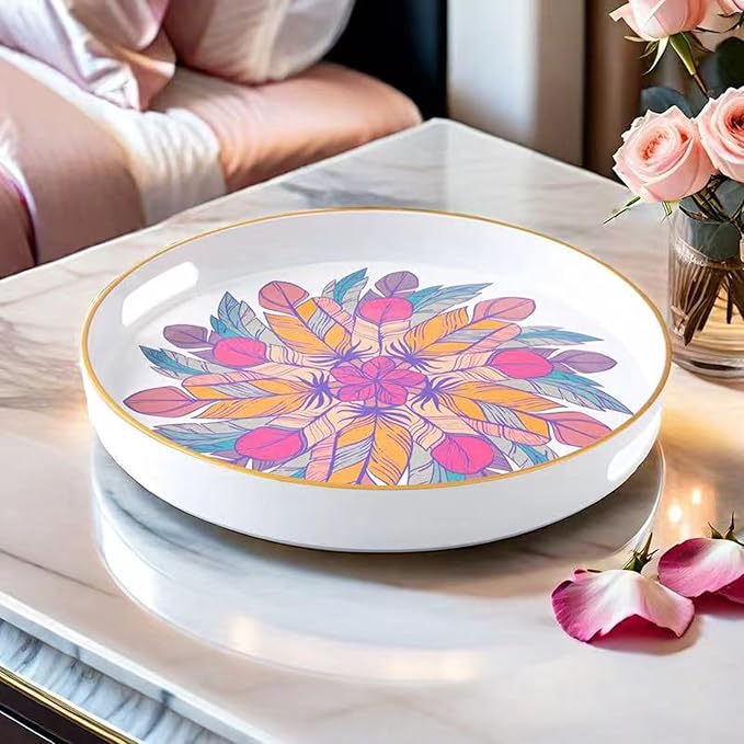 Round Coffee Table Tray Ottoman Tray,Round Plastic Serving Trays with Handles,Modern Decorative Tray for Ottoman Coffee Table,Plastic Ottoman Tray for Living Room, Large, White