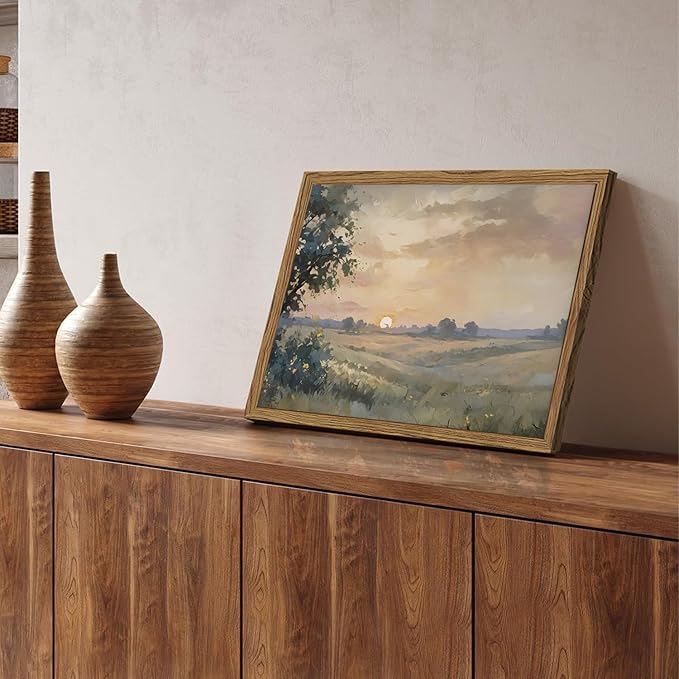 Framed 3D Textured Wall Art, Vintage Fall Sunset Wall Decor Painting, Hand Drawn Sandstone Nature Watercolor Landscape Pictures for Living Room Bedroom Home Decor 12x16 inch Wood Frame