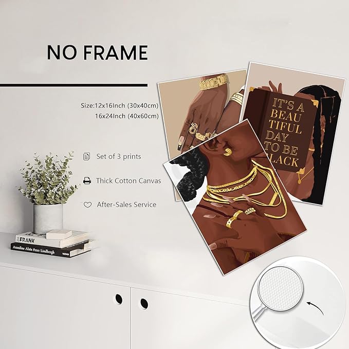 Marllifenney 3 Pcs Black Woman Wall Art Black Girl Posters Abstract African American Canvas Prints Black Women Painting Decor Modern Boho Female Pictures for Bedroom Living Room 12x16in Unframed