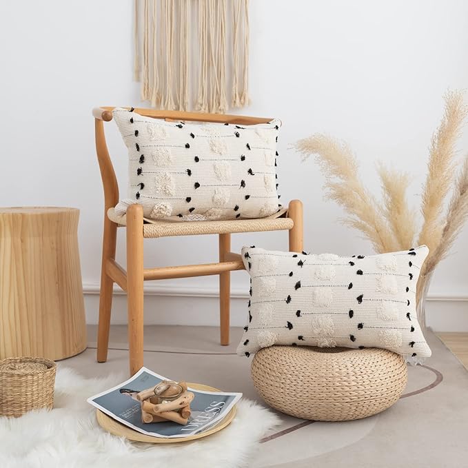 LIGICKY Boho Lumbar Pillow Covers Decorative Woven Throw Pillows Rectangle Pillow Sham Black and Beige Off White Pillowcase for Couch Sofa Bed Car 12x20 Inch