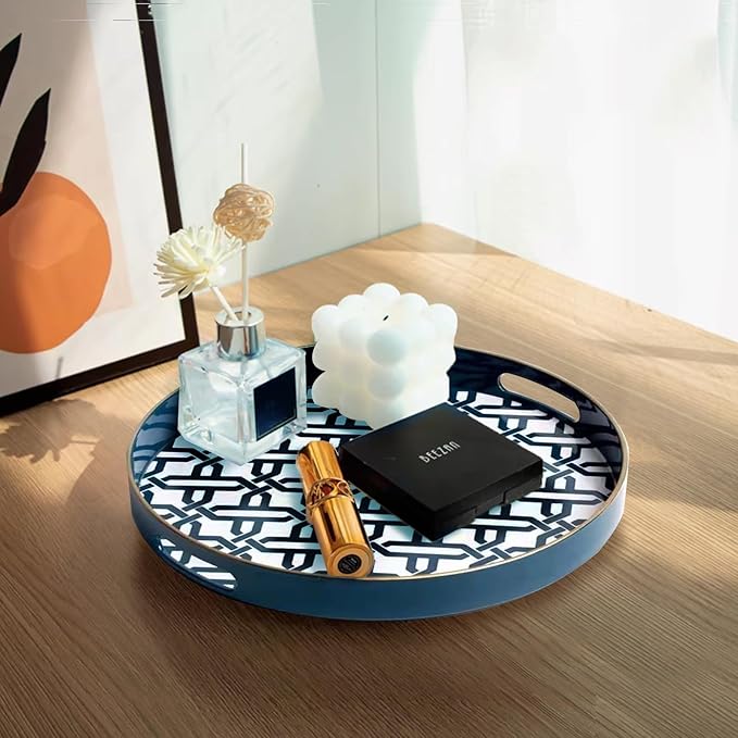 Blue Round Serving Tray with Handles,13" Decorative Ottoman Coffee Table for Perfume,Living Room,Home Decor