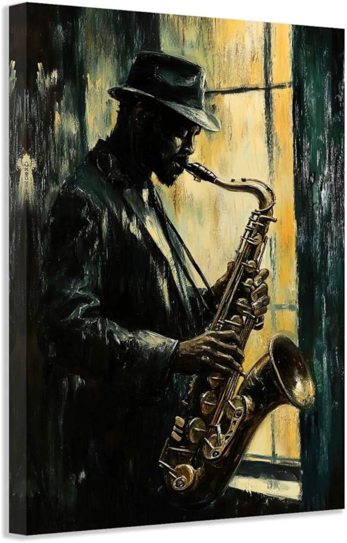 SWQYLB Black Music Wall Art Abstract Jazz Wall Decor African American Painting Canvas Musical Instruments Pictures Classroom Music Men Room Decor Framed (Yellow, (12.00" x 18.00"))