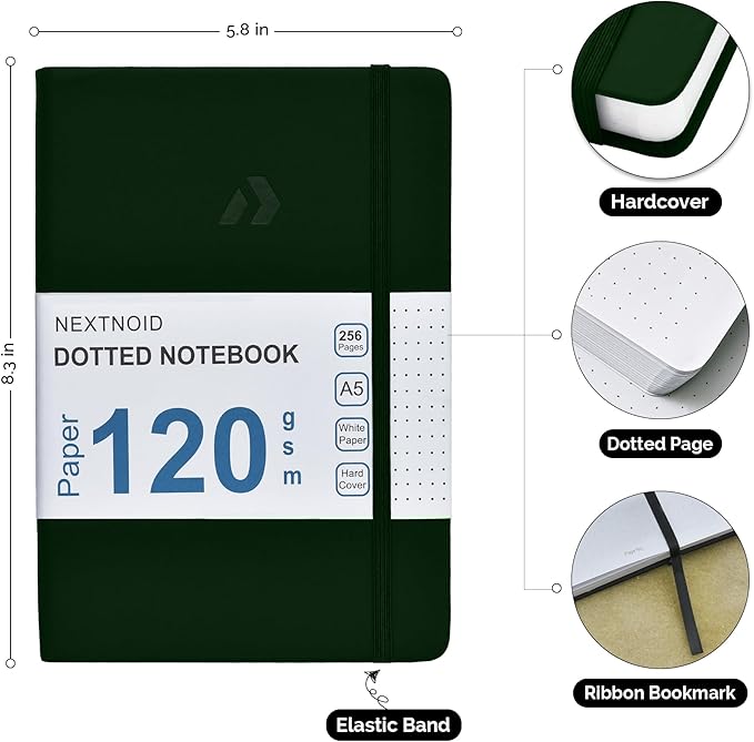Nextnoid Hardcover Dotted Journal Notebook - 120 GSM Thick Paper, Medium A5-256 Pages - Perfect For Handwriting, Diagrams, Note-Taking and To-Do Lists (Dot, Green)