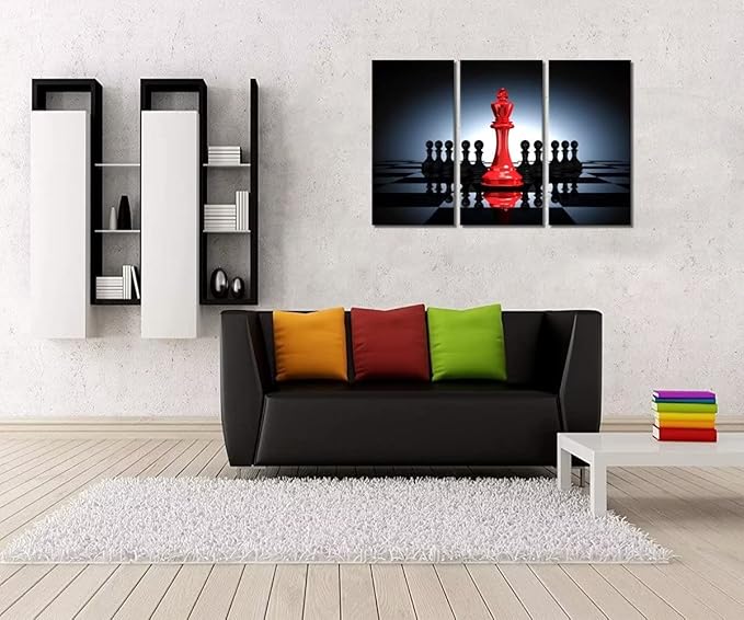 Chess Canvas Wall Art Poster Prints Modern King and Knight Pictures Still Life Painting Framed Giclee Artwork for Office Game Room Decor Red and Black Ready to Hang 3 Panel