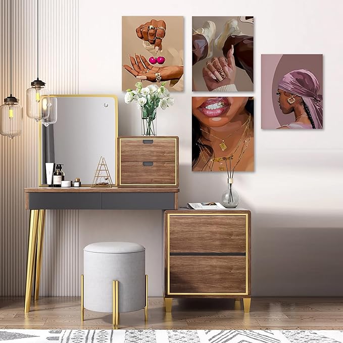 4 PCS Fashion Black Woman Aesthetic Poster Set Empowering Trendy Wall Art Abstract Black Girl Painting Magic Canvas Picture Prints for Bedroom Living Room Beauty Salon Office Decor 16x24 Inch Unframed