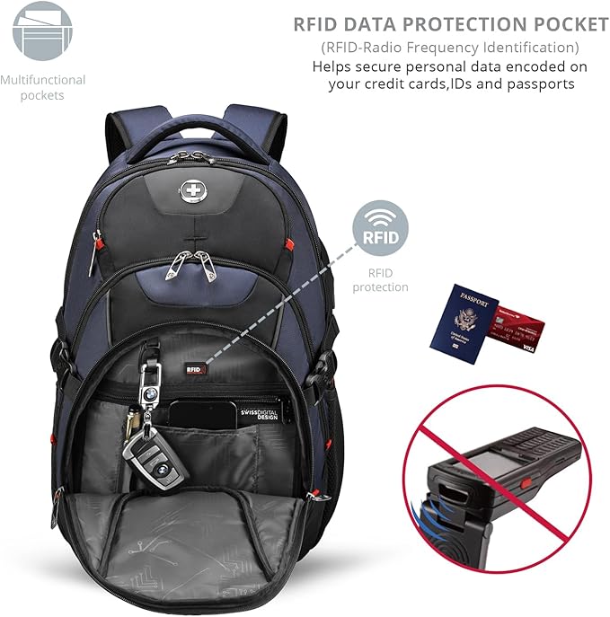 Swissdigital Design Travel Backpack for Men with Apple Find My, Laptop Backpack with USB Charging Port, RFID Protection, Add-A-Bag System - Travel Backpack for Men-Finder Color Random