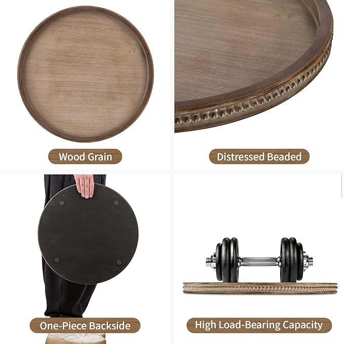 Hanobe Large Round Decorative Tray: Coffee Table Beaded Trays Rustic Wood Trays Decor Farmhouse Ottoman Circle Vintage Centerpiece Wooden Serving for Living Room Home for Counter, Brown