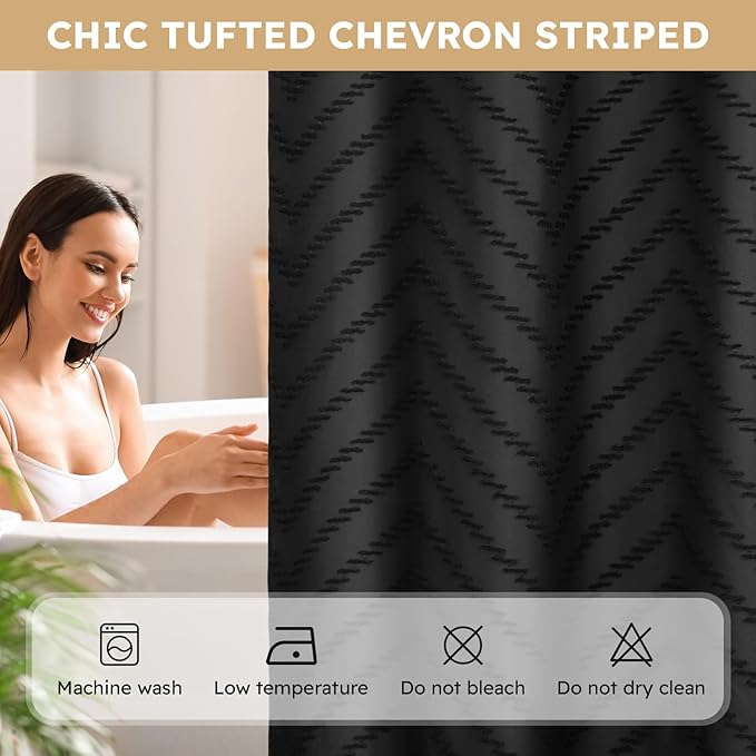 No Hook Shower Curtain and Snap in Liner Set Black Tufted Chevron Striped Cloth Waterproof Washable Fabric Boho Farmhouse Bath Curtain See Through Mesh Top Window for Bathroom Hotel 71" x 86"