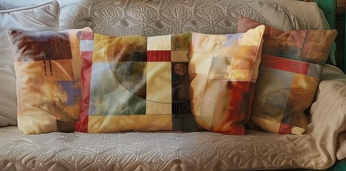 Vintage Geometric Decor Linen Throw Pillow Case, 22 x 22 Inch Set of 4, New Living Room Decor, Housewarming Gift, Modern Decor, Mid-Century Modern Style Cushion Cover for Sofa Couch Bed.
