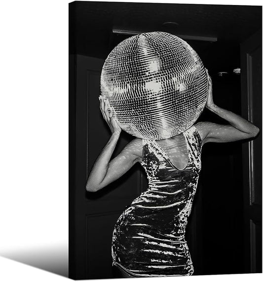 Vintage Funky Y2k Hot Girl Poster Black and White Disco Ball Canvas Wall Art 24x36 inch Framed Trendy Preppy Bar Cart Decor for Living Room Dorm