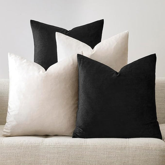 GIGIZAZA Pillow Covers 18x18 Set of 4,Black Ivory Velvet Soft Pillow Covers Decorative Square Modern Pillows Cushion Cases for Living Room