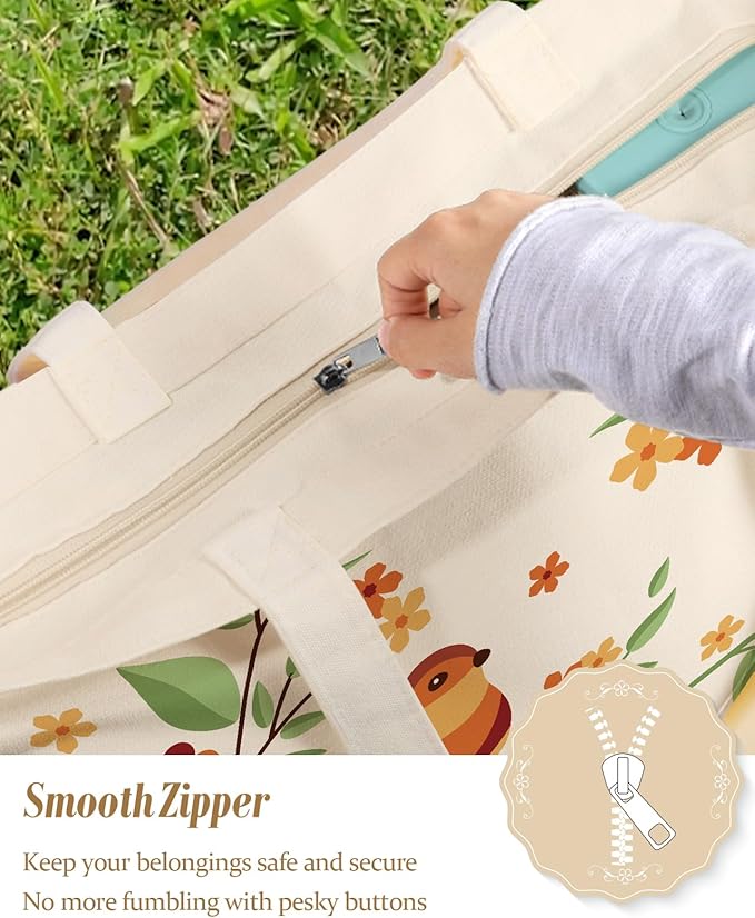 Large Tote Bag for Women - Aesthetic Cute Big Canvas Bags with Zipper Cotton Shoulder Bag for Gym, Travel, Work