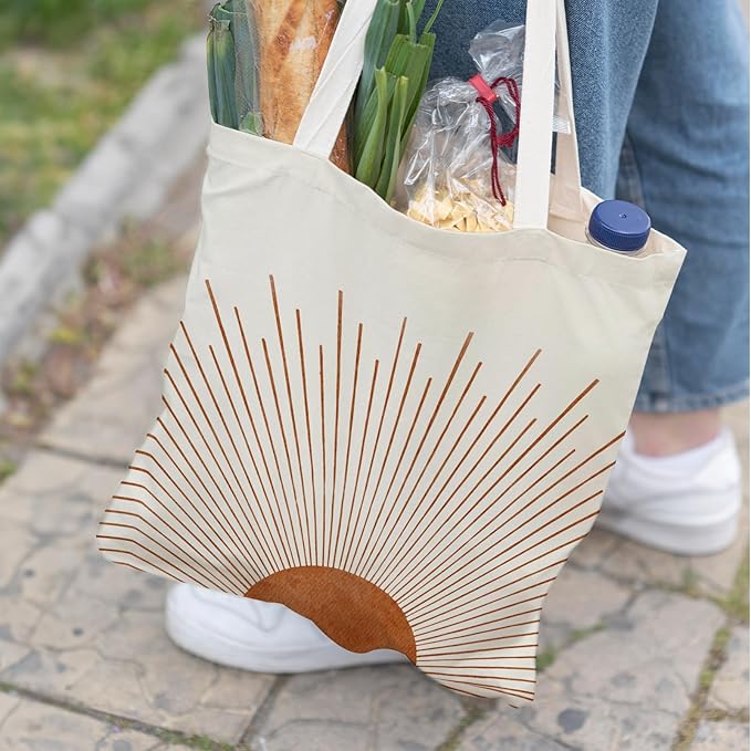 Boho Tote Bag Aesthetic, Minimalist Abstract Boho Terracotta Sun Sunshine Canvas Tote Bag for Women