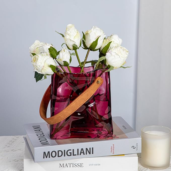 Glass Purse Vase for Flowers Brownish Purple Vases for Centerpieces Glass Bag Vase with Leather Handle Small Bag Vases for Decor Decorative Fish Bowl for Home Wedding Decor