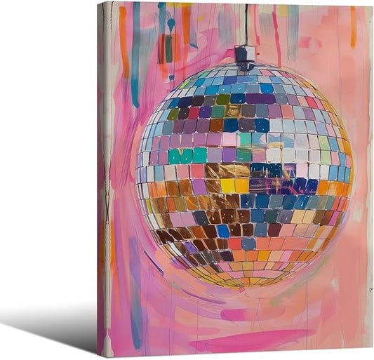 Sufeasdf Retro Pink Disco Ball Poster 12x16 inch Framed Fashion Pink and Orange Disco Ball Painting Prints for Girly Wall Decor