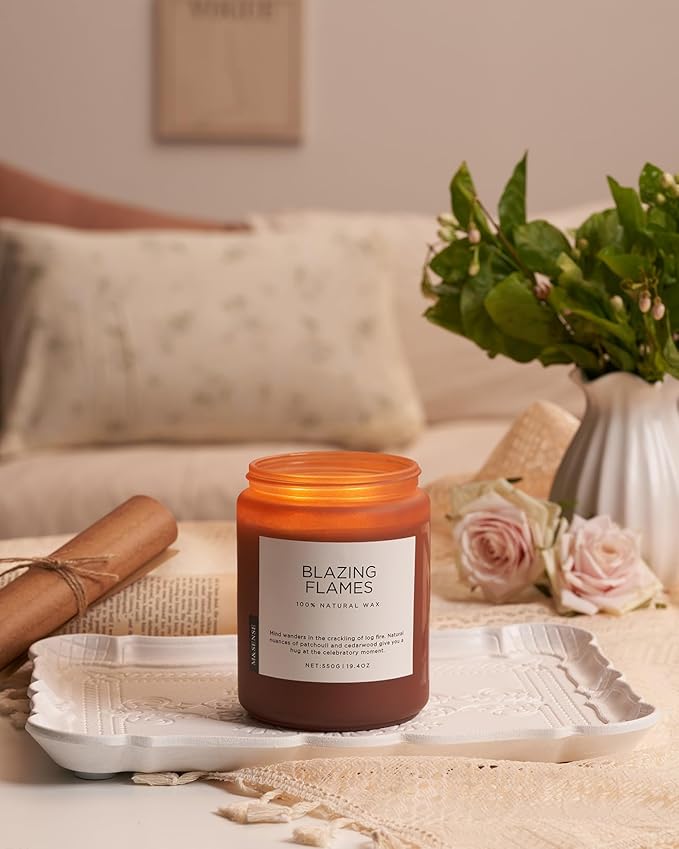 M&SENSE Blazing Flames Scented Candles with Log Fire - Patchouli & Cedarwood, Large Natural Soy 19.4oz 110 Hour Long Lasting Non Toxic Clean Burn Candle Gifts for Men Women