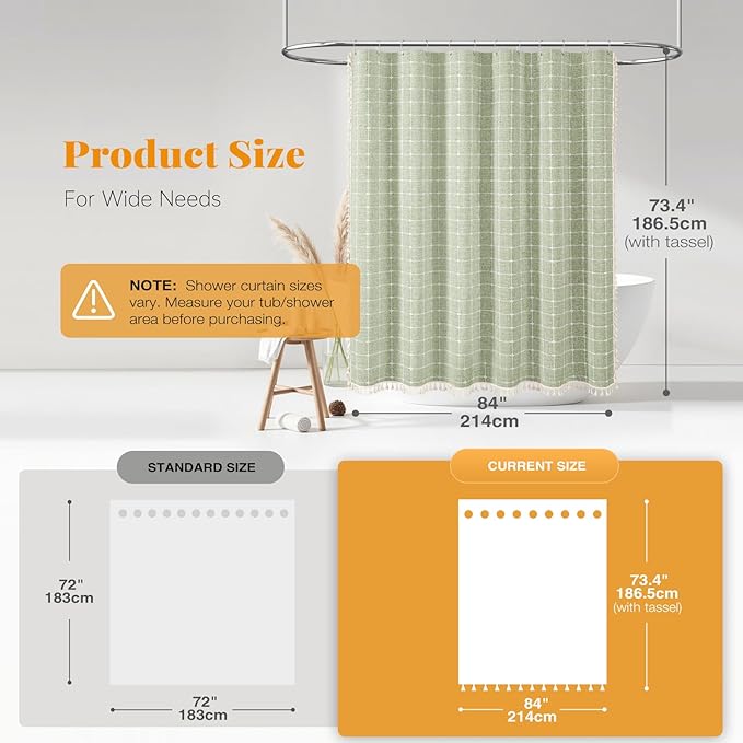 BTTN 84 Inch Wide Shower Curtain - W84xH72 Inch Boho Farmhouse Linen Fabric Thick Shower Curtain Set with 14 Plastic Hooks, Large Country Water-Resistant Cloth Bath Curtains for Bathroom - Sage Green