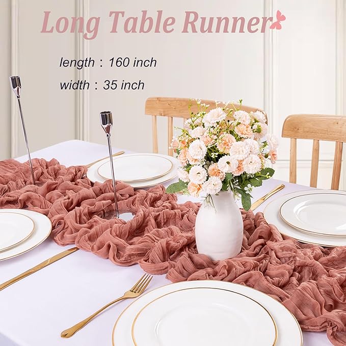 Cheesecloth Table Runner Boho Table Runner 13.3FT Long Vintage Rustic Dusty Blush Gauze Wedding Dining Table Decorations for Holiday Birthday Party Baby Shower Event Decorations