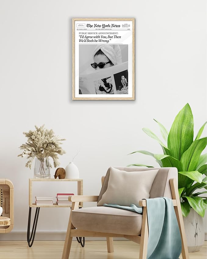 EcoHest Unframed Trendy Newspaper Wall Art, 12x16 in OAK Wood Cool Girl Canvas Art Posters, Magazine Bar Cart Print College Dorm Decor, Beige Logs Set of 1 for Bedroom Living Room