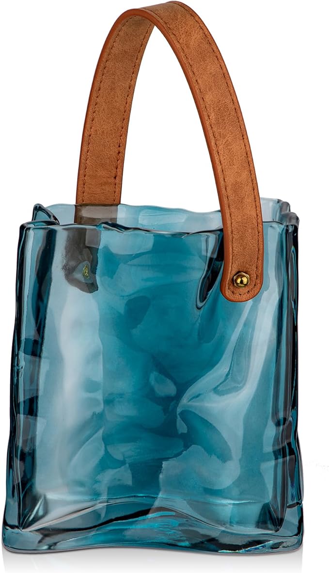 Glass Purse Vase for Flowers Deep Sea Blue Vases for Centerpieces Glass Bag Vase with Leather Handle Small Bag Vases for Decor Decorative Fish Bowl for Home Wedding Decor