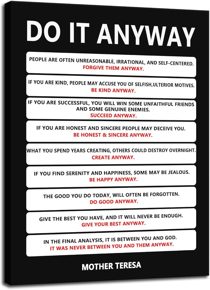 Inspirational Poster Motivational Wall Art Do It Anyway Mother Teresa Quote Canvas Prints Artwork for Office Living Room Modern Home Decor Painting Pictures Stretched and Framed [30''Wx 40''H]