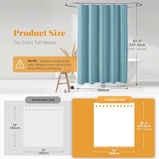 BTTN Extra Long Shower Curtain, 96 Inch Boho Rustic Striped Fabric Shower Curtain Set with Tassel, Water Repellent, Tall Bohemian Chic Farmhouse Shower Curtain for Bathroom with Hooks, 72x96, Teal