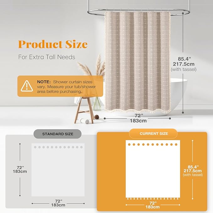 BTTN Extra Long Shower Curtain - 72x84 Inch Long Boho Linen Thick Fabric Shower Curtain Set with Plastic Hooks, Tall Farmhouse French Country Chic Macrame Cloth Shower Curtains for Bathroom, Tan/Taupe